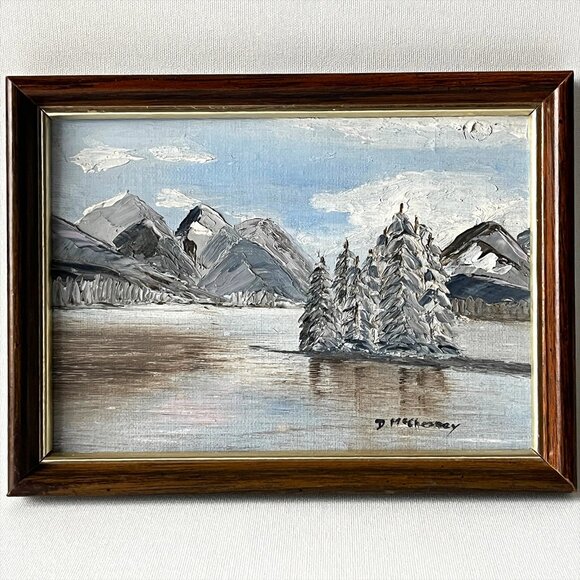 Original Oil Painting Winter Landscape Vintage Rustic Framed Wall Art 7x5 Signed - Picture 1 of 6